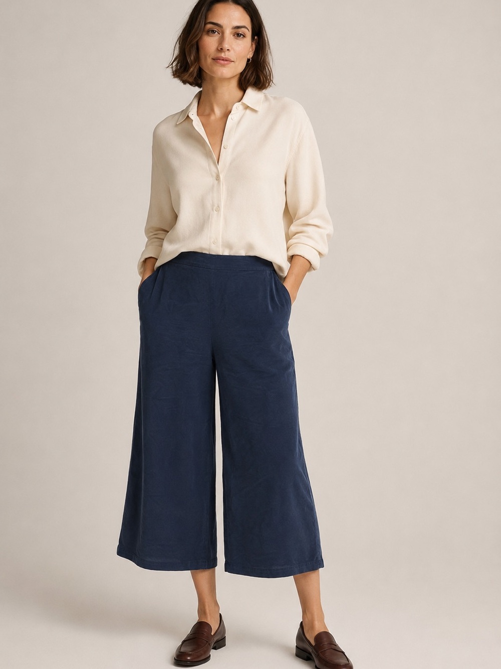 J. Jill XS Navy Wide Leg Cropped Flowy Modal Office Pants Business Casual Preppy